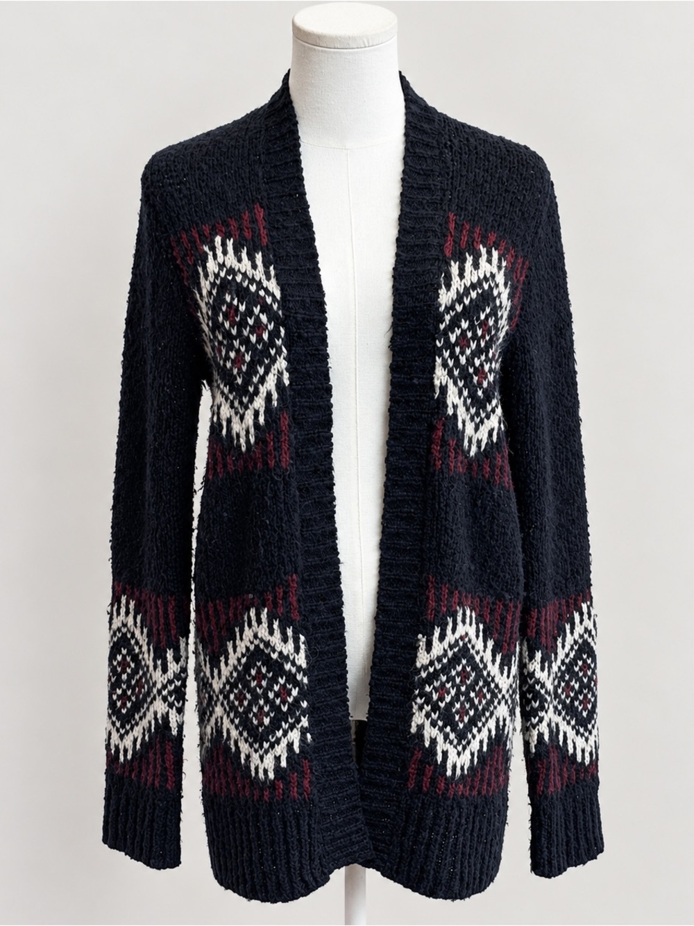 Hollister Black Open-Front Cardigan with White and Burgundy Pattern